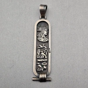 VTG Sterling Silver Egyptian Cartouche Pendant 2" Repousse Hieroglyphics Signed - Picture 1 of 6