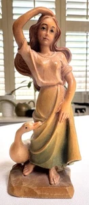Anri Woman W/ Goose Girl Wood Carved Sculpture Italian Nativity Scene 5” Figure - Picture 1 of 7