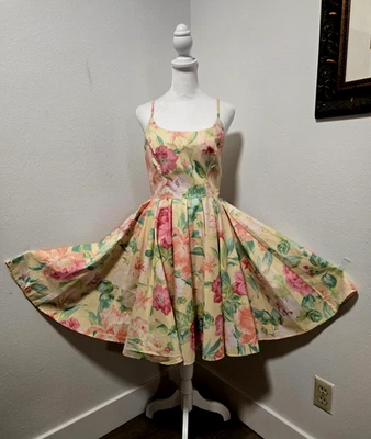 VESTIDO DE VERÃO ANOS 80 DAWN JOY AMARELO/ROSA FLORAL MISTURA DE ALGODÃO SAIA COMPLETA TAMANHO P - Imagem 1 de 4