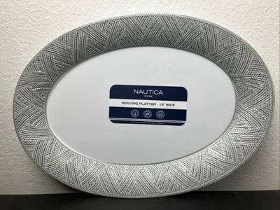 "Plato ovalado de melamina NAUTICA gris borde tejido blanco 16""" Foto 1 de 3