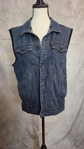 Xxx Rude Button Vest Mens Small Blue Jean Denim Trucker Hooded Rock Grunge Goth - Picture 1 of 8