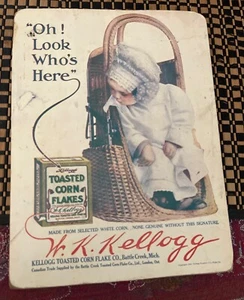 Kellogg Corn Flakes Baby in Basket Cardboard Paper on Wood Ad Sign 1910 vintage - Picture 1 of 10