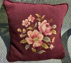 VTG Wool Needlepoint Roses on Burgundy Throw Pillow Velvet Back Original Insert 