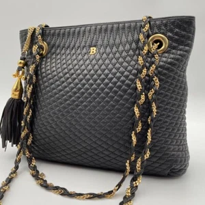 BALLY Quilted Chain Shoulder Bag Tassel Leather Black x Gold Hardware Used - Picture 1 of 15