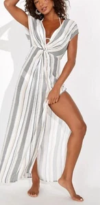 Lulus XL Weiß Coastal Grooves Multi Striped Swim Cover Up Maxi Semi Sheer Slit - Bild 1 von 8