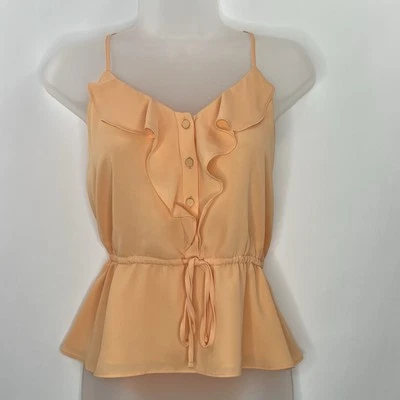 Express Ruffle Button Up Peplum Cami Top Women Small Cinched Tie Waist Orange - Image 1 of 4