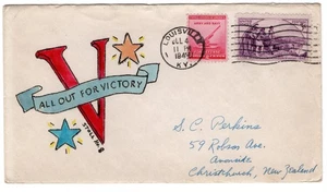 WWII Patriotic 1943 Louisville KY Stoll #8 "All Out for Victory" to New Zealand - Bild 1 von 2