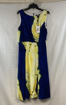 DKNY Women's Blue Yellow Abstract Scuba Draped Sheath Dress Size 12 NWT - Image 1 of 4