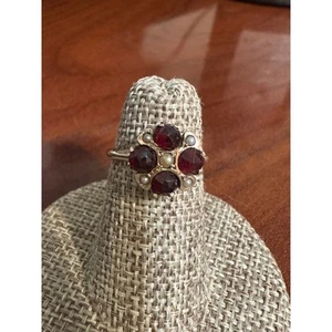 Vintage 14K Gold Victorian Garnet Seed Pearl Ring Size 4 - Picture 1 of 6