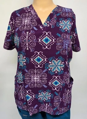 Women Scrub Top UA Flex Polyester Blend Tuscan Dreams Eggplant Pockets Stretch L - Image 1 of 3