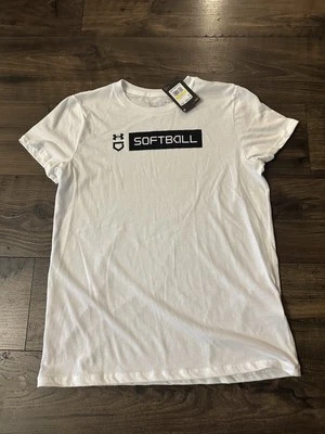 NWT Under armour Women's White UA Softball Bar SS T-Shirt sz M - Image 1 of 4