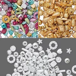 Lot of 100 Assorted Plastic Acrylic Metallic Stardust Beads in a Mix of Shapes - Picture 1 of 4