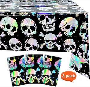 3 Pcs Halloween Tablecloth Iridescent Gothic Skull Holographic Table Cover - Foto 1 di 6