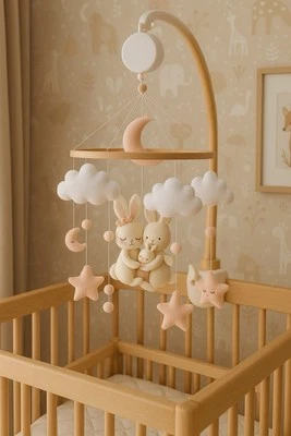 Móvil de bebé familiar conejito hecho a mano | móvil de cuna de fieltro con luna, estrellas, nubes, pájaro Foto 1 de 2