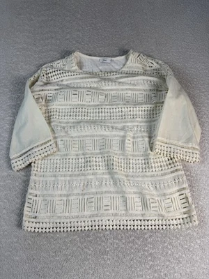 Blusa Vince Feminina Pequena Marfim Creme Crochê Renda Manga 3/4 Boho Top Camisa - Imagem 1 de 4