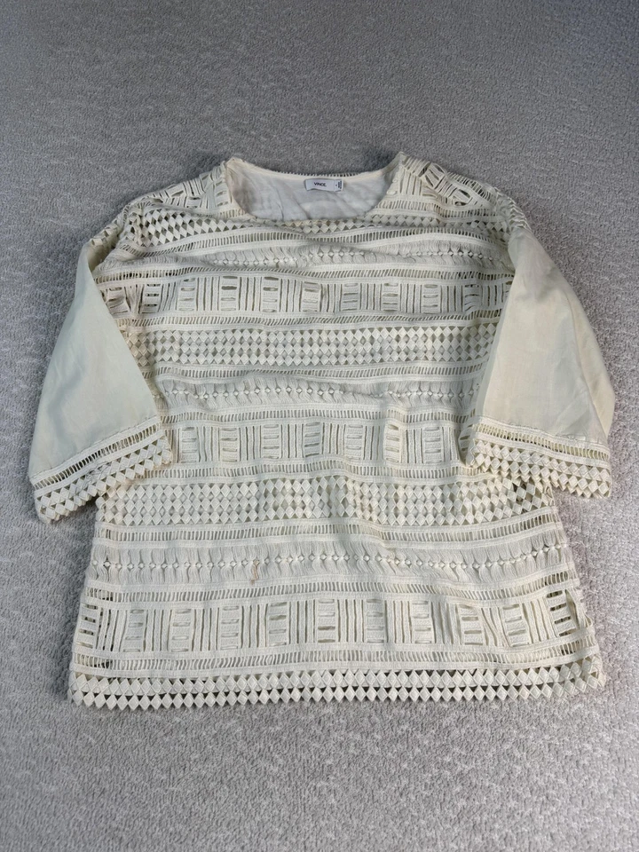 Blusa Vince Mujer Pequeña Marfil Crema Crochet Encaje Manga 3/4 Boho Top Camisa Foto 1 de 4