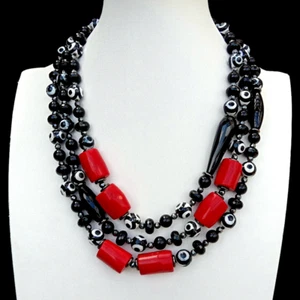 3 Strands Black Dzi Agate Red Coral Necklace 18" - Picture 1 of 6