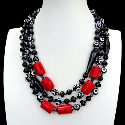 3 Strands Black Dzi Agate Red Coral Necklace 18" - Image 1 of 4