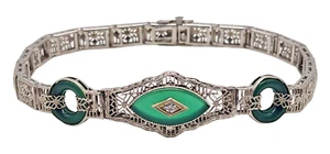 VINTAGE Solid 14k White Gold  / Emeralds / Diamond Ladies Deco Bracelet - Picture 1 of 12
