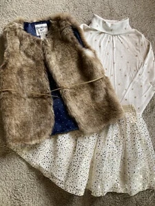 Oshkosh Holiday Christmas Girls Outfit Sequin Gold Skirt Fur Vest Star Shirt 8 - Picture 1 of 7