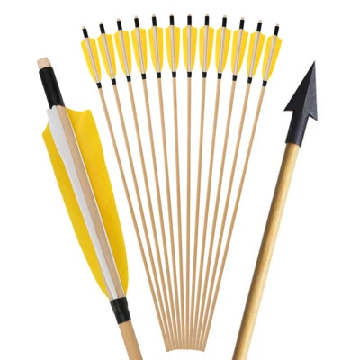 32" Archery Wooden Arrows Hunting Arrowheads 5" Feather Recurve Bow Longbow - Image 1 of 4