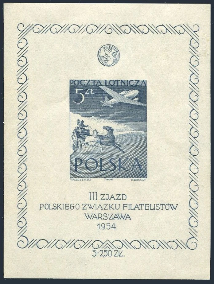 Polonia C34 hoja azul imperfecto, MNH. Correo aéreo 1954. Asociaciones filatélicas polacas. Foto 1 de 1