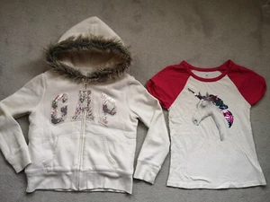 GAP White Fleece hooded Jacket Coat Unicorn T tee shirt Top M 8 - 9 years sequin - Picture 1 of 11