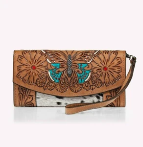 Handcrafted Butterfly Genuine Cowhide Leather Clutch Wallet - Western Style - Picture 1 of 8