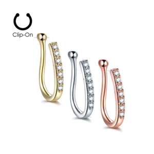 Adjustable Fake Clip On Stud Clear Crystal Faux Nose Ring Non Piercing Hoop  - Picture 1 of 2