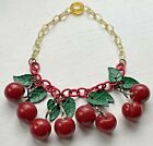Vintage Bakelite Carved Red Cherries Necklace 1940's Lucite Chain Link Choker