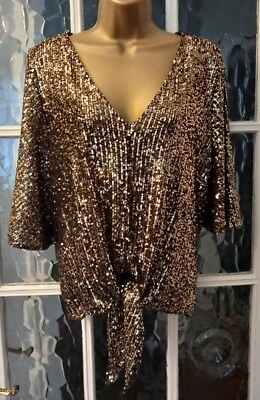 Beautiful Ladies Gold Sequin Evening Top V Neck Tie Front - -Size 18 - Image 1 of 4