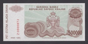 🔴CROATIA 500 000 Dinara 1993 UNC PR23 REPLACEMENT Low serial number Z 0000873 - Picture 1 of 2