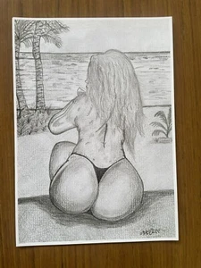 EROTIC NAKED WALL ART SKETCH - Female beach ASS - selling as artist - GRAPHITE - Picture 1 of 3