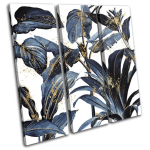 Navy Tropical Exotic Leaves Gold Floral TREBLE CANVAS WALL ART Picture Print - Picture 1 of 1