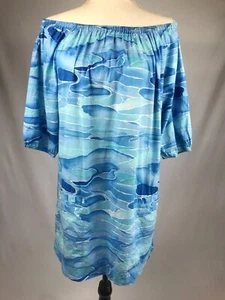 Anthropologie MERMAID Ocean Blue Waves Cover Up Shift Dress Off Shoulder S - Picture 1 of 9