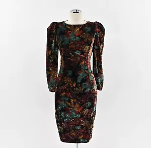 VTG Dress Sz 11/12 Black Floral Velvet Rhinestone Puff Long Sleeve Open Back 80s - Picture 1 of 14