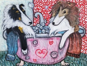 Rough Collie in a Clawfoot Tub Art Print 5 x 7 Dog Collectible by Artist KSams - Picture 1 of 1