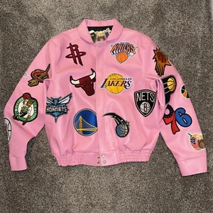 Jeff Hamilton NBA Logo Collage Vegan Pink Leather Jacket Men’s 2XL New Read - Picture 1 of 17