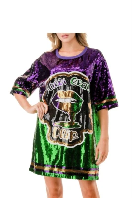 Women's Multi-Colored Mardi Gras Drip Sequin Party Dress - Image 1 of 4