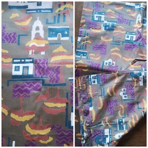 Vintage 90s Khaki African Village Scene Print cotton Fabric 117cm x 330cm  - Picture 1 of 4