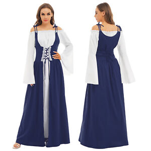 Women Flare Sleeves Dress Retro Renaissance Medieval Costume Fancy Evening Dress