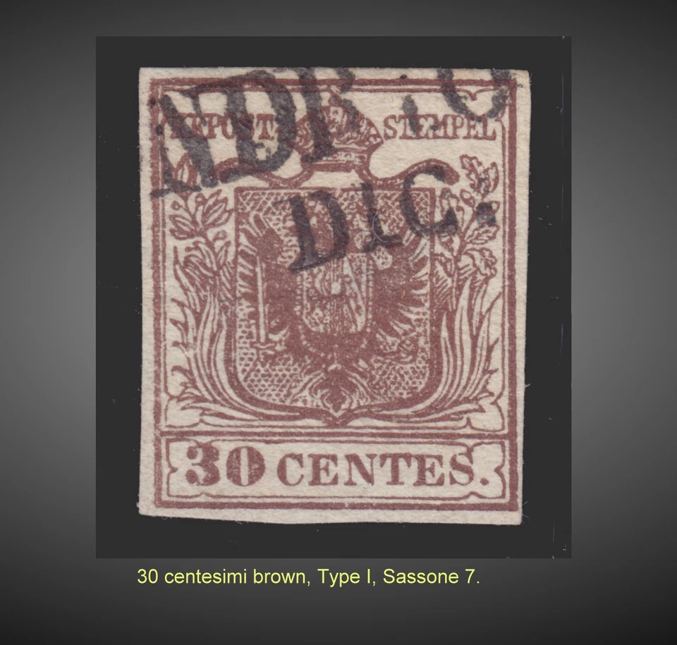 1854-1857 AUSTRIA LOMBARDY-VENETIA - 30C.BROWN-?? POSTMK SCT. 5b MI.4Y SASSONE.7 - Image 1 of 1