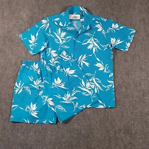 Vintage 70s Hilo Hattie’s Blue Floral Hawaiian Camp Shirt and Shorts Mens Large - Picture 1 of 17