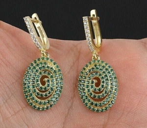 3CT Round Simulated Emerald Women Drop/Hoop Earrings 14k Yellow Gold Over Silver - Picture 1 of 6