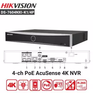 Grabadora de video IP Hikvision DS-7604NXI-K1/4P 4 CANALES 4 POE NVR AcuSense Plug & Play - Imagen 1 de 8