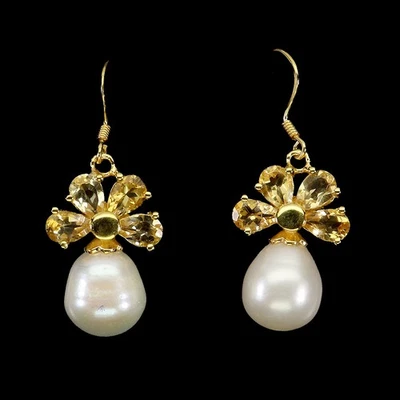 925 Sterling Silver Earrings Pear Citrine 6x4mm Pearl Natural Gemstone Jewelry - Image 1 of 4