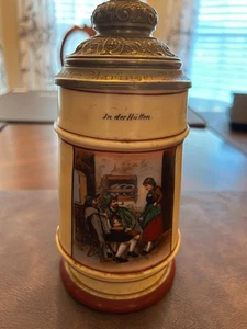 Antiker deutscher bayrischer Bierstein von 1891 - handbemalte Wirtshausszene - graviert - Bild 1 von 11