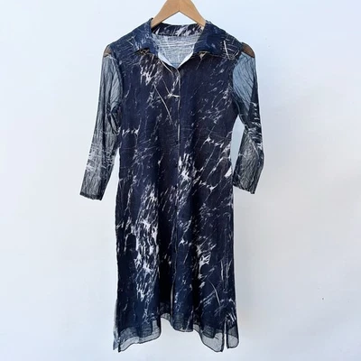 Komarov Black Marble Collared Long Sleeve Charmeuse Crinkle Mini Dress Small - Image 1 of 4