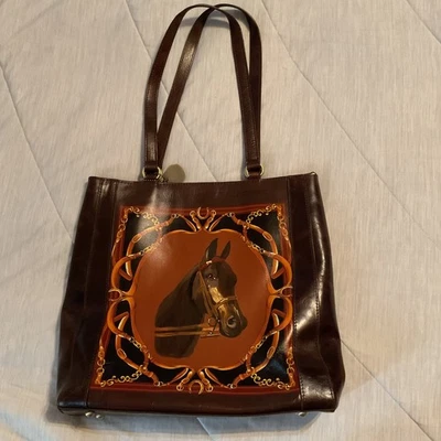 Bolso de Mano Patricia Nash Cuero Marrón Estampado de Caballo Estilo Ecuestre Bolso de Hombro Foto 1 de 4