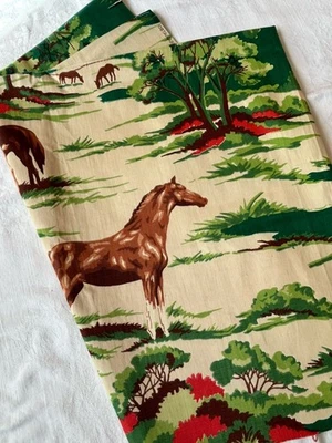 Very HTF VTG Mid Century Horses Cotton Fabric 30 X 48 Wide - Image 1 of 4